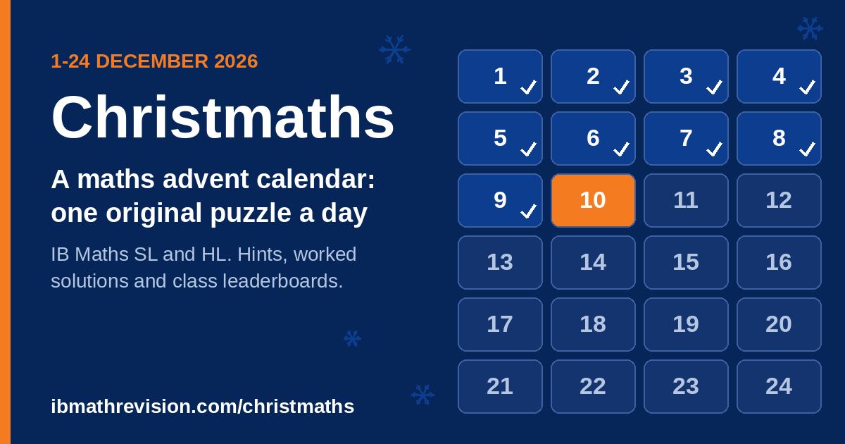 Christmaths maths advent calendar for IB Maths (AA and AI, SL and HL): a grid of 24 numbered doors for 1 to 24 December 2026