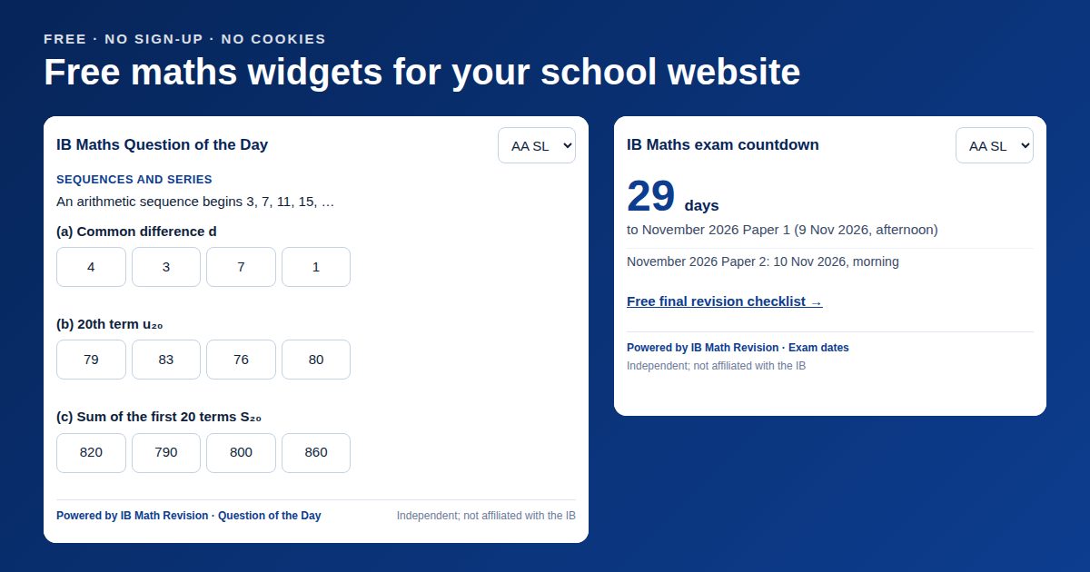 Free maths widgets on a school web page: the IB Maths Question of the Day and an exam countdown, each with a credit link