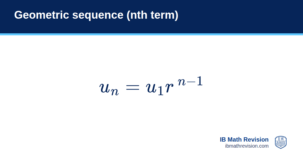 Geometric sequence (nth term) formula card: uₙ = u₁ rⁿ⁻¹. IB Math Revision