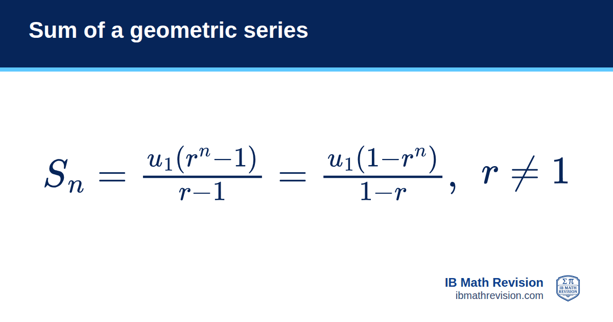 Sum of a geometric series formula card: Sₙ = u₁(rⁿ − 1)/(r − 1) = u₁(1 − rⁿ)/(1 − r), r ≠ 1. IB Math Revision