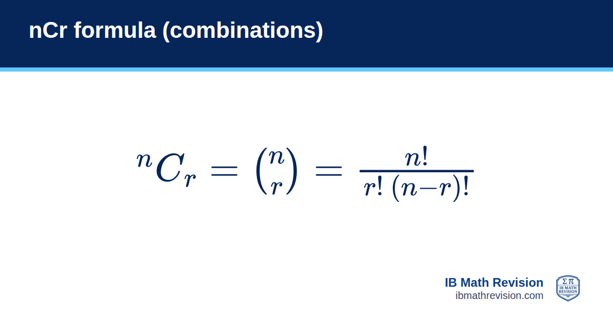 nCr formula (combinations) formula card: nCr = n! / (r!(n − r)!). IB Math Revision