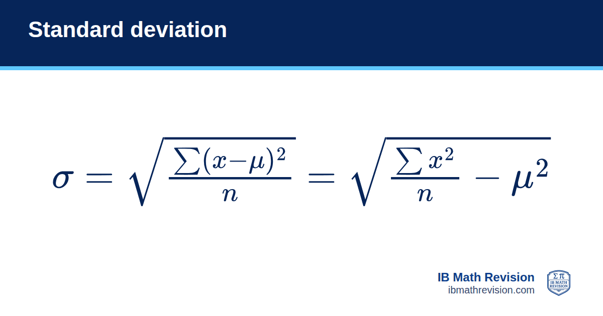 Standard deviation formula card: σ = √(Σ(x − μ)² / n) = √(Σx²/n − μ²). IB Math Revision