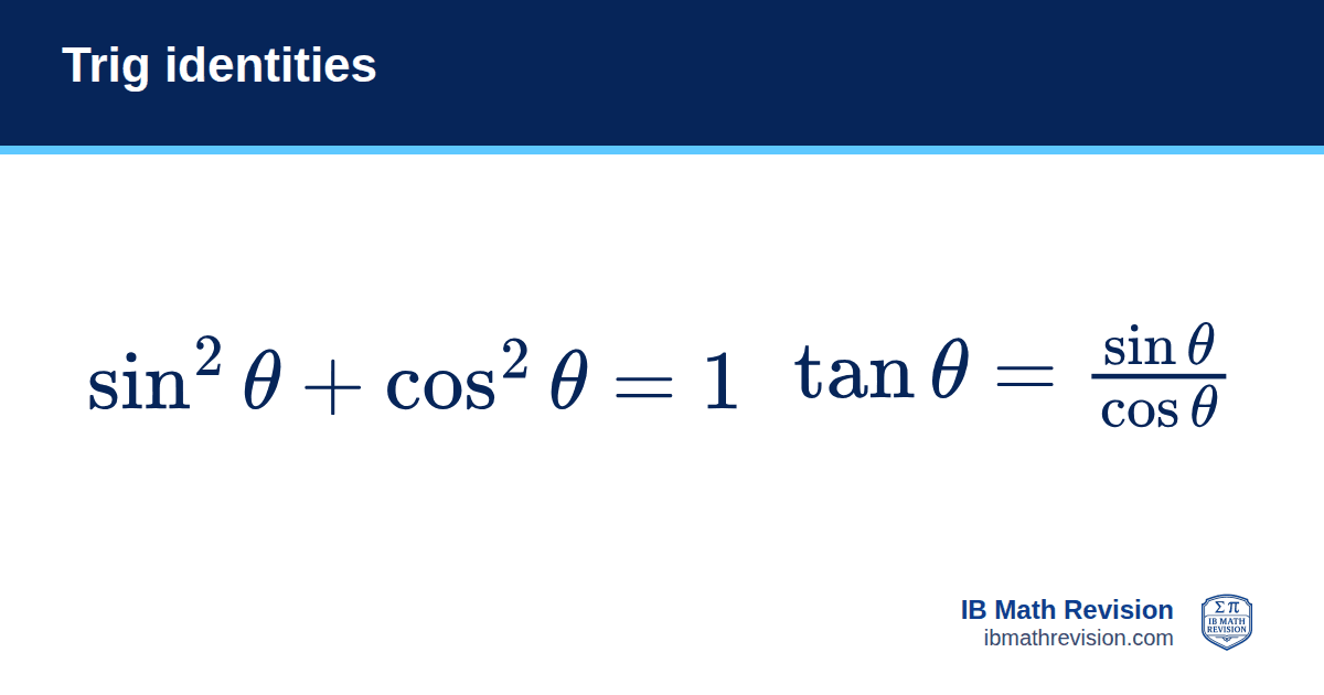 Trig identities formula card: sin²θ + cos²θ = 1 and tan θ = sin θ / cos θ. IB Math Revision