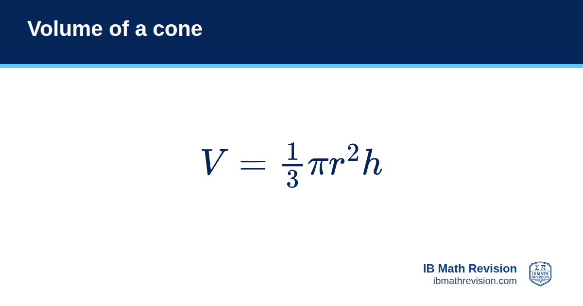 Volume of a cone formula card: V = ⅓πr²h. IB Math Revision