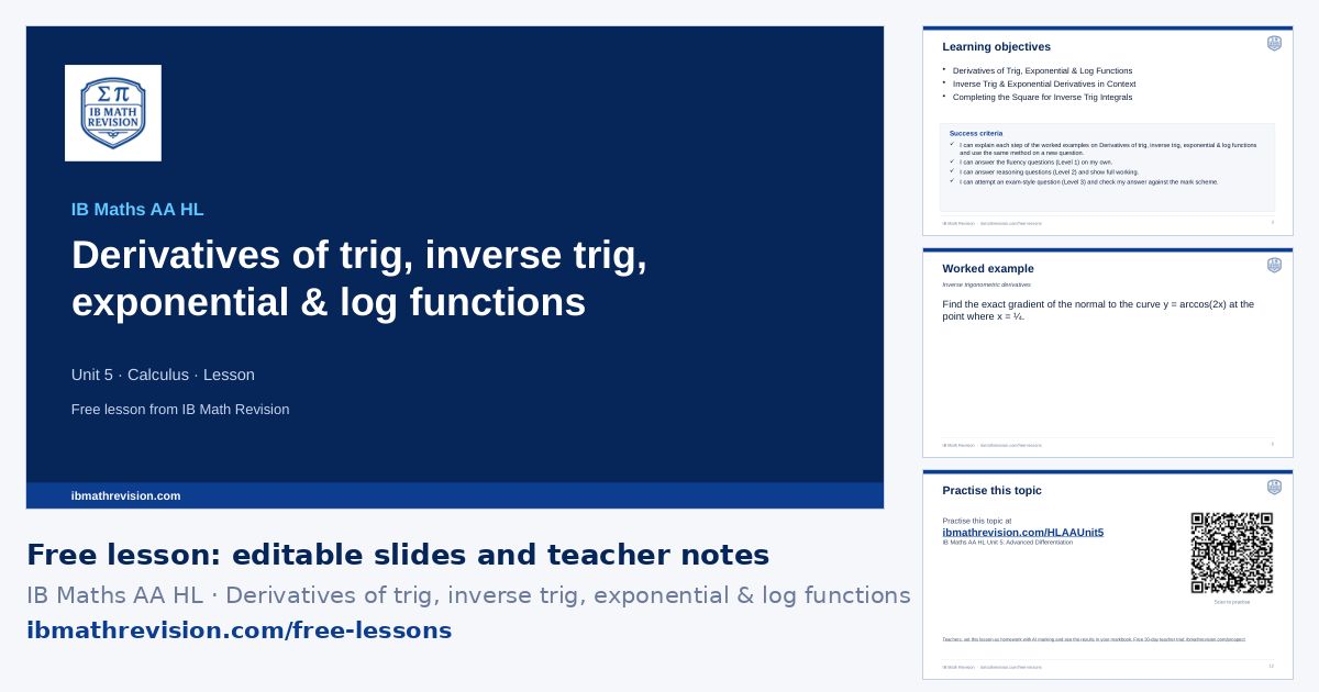 IB Maths AA HL lesson slides on Derivatives of trig, inverse trig, exponential & log functions: title slide, learning objectives, a worked example and the exit ticket