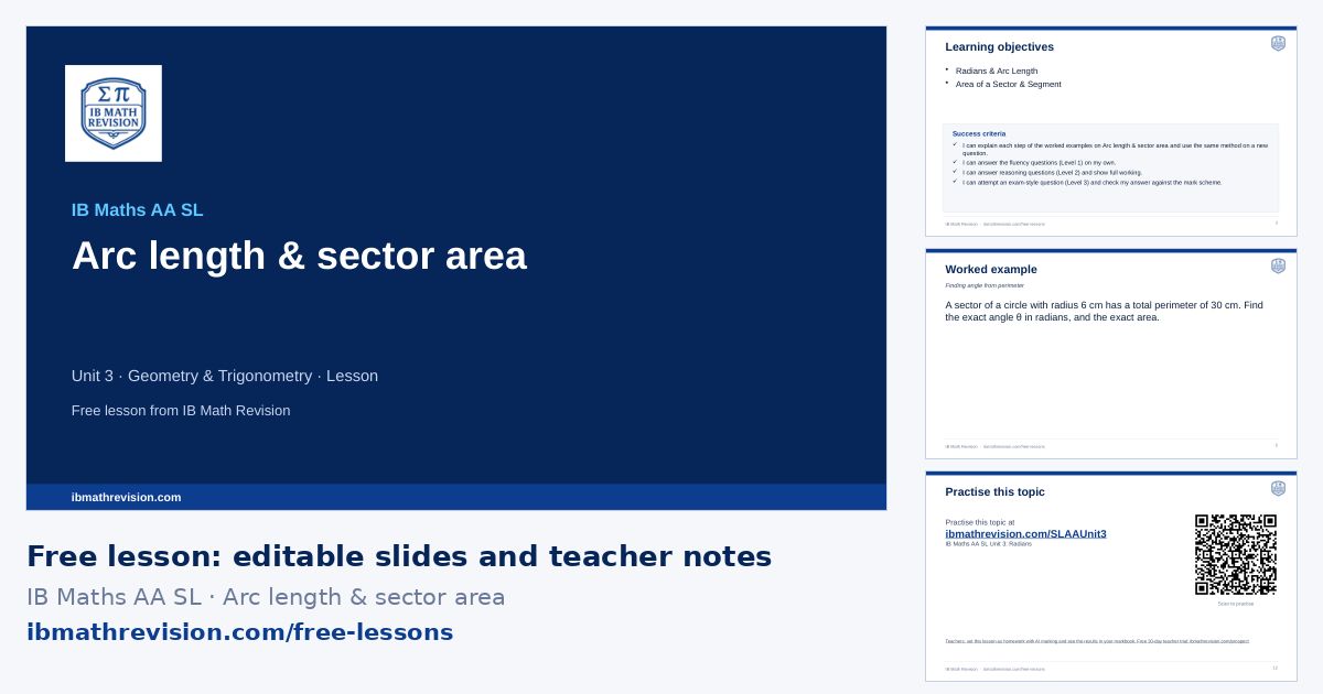 IB Maths AA SL lesson slides on Arc length & sector area: title slide, learning objectives, a worked example and the exit ticket