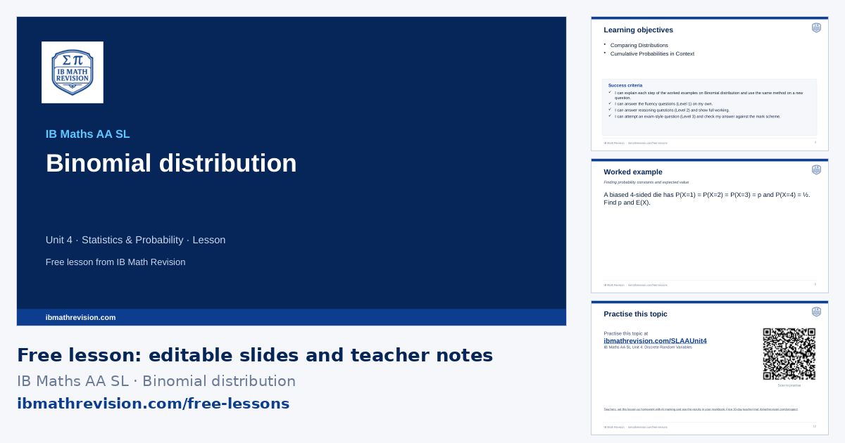 IB Maths AA SL lesson slides on Binomial distribution: title slide, learning objectives, a worked example and the exit ticket