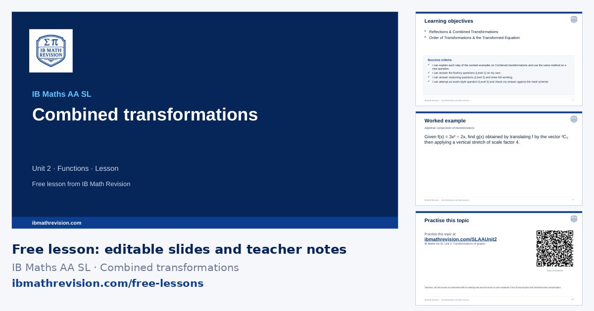 IB Maths AA SL lesson slides on Combined transformations: title slide, learning objectives, a worked example and the exit ticket