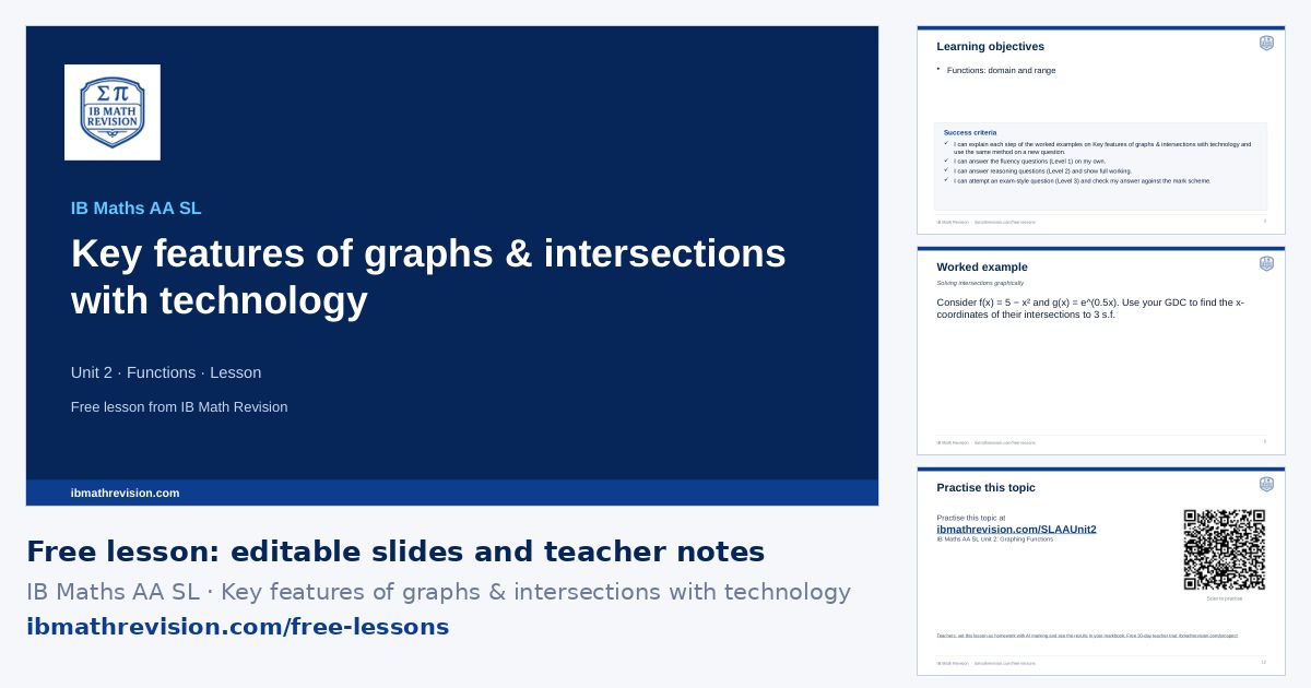 IB Maths AA SL lesson slides on Key features of graphs & intersections with technology: title slide, learning objectives, a worked example and the exit ticket
