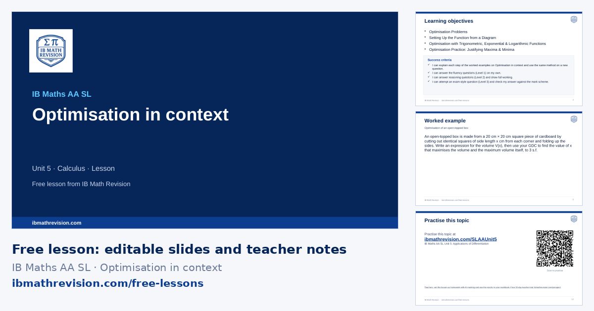 IB Maths AA SL lesson slides on Optimisation in context: title slide, learning objectives, a worked example and the exit ticket