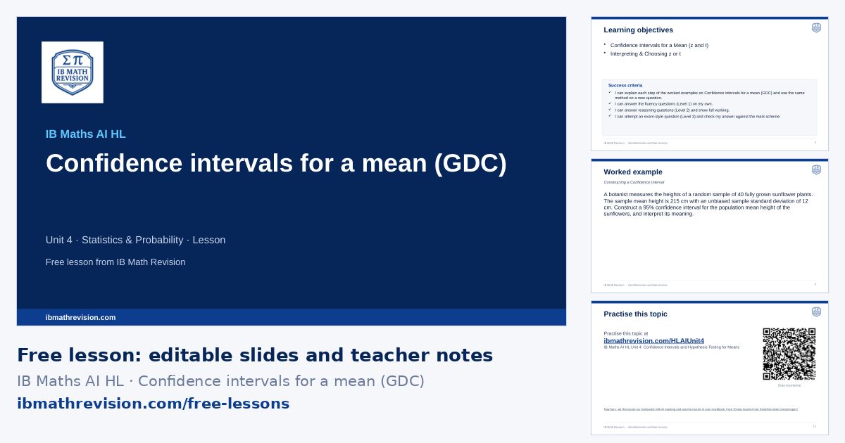 IB Maths AI HL lesson slides on Confidence intervals for a mean (GDC): title slide, learning objectives, a worked example and the exit ticket