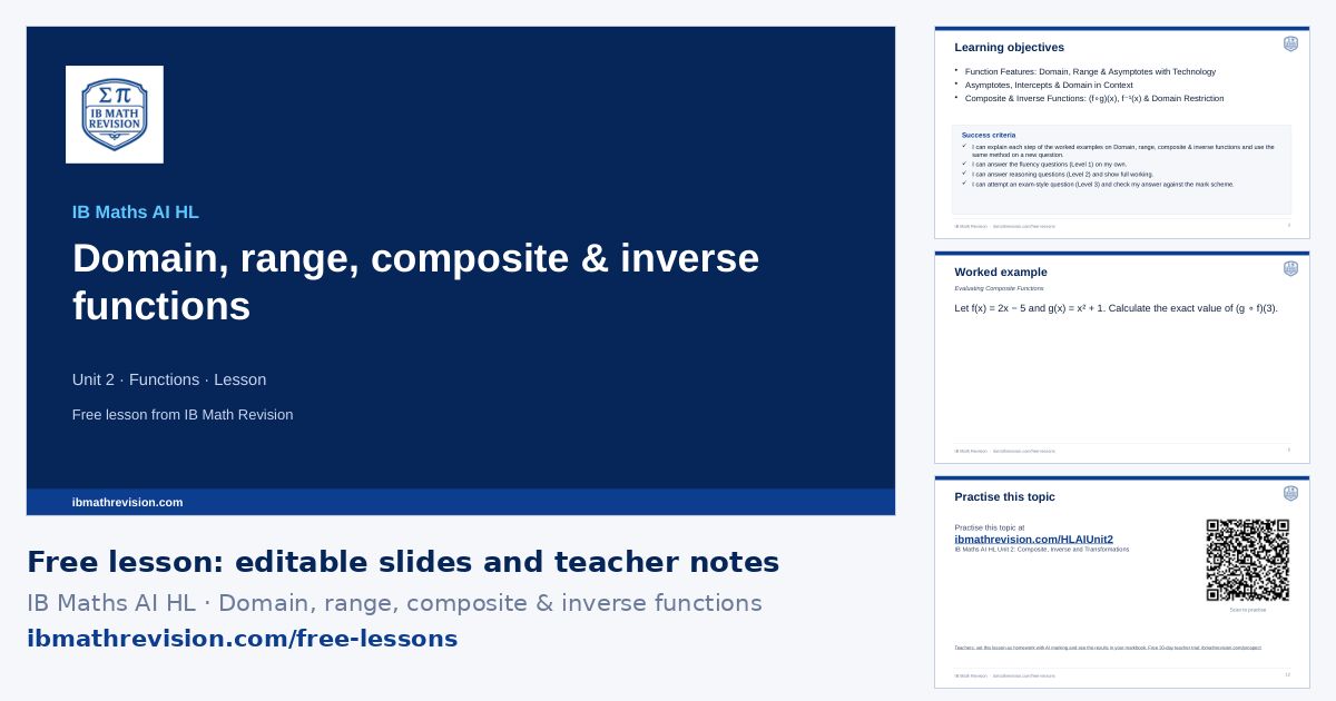 IB Maths AI HL lesson slides on Domain, range, composite & inverse functions: title slide, learning objectives, a worked example and the exit ticket