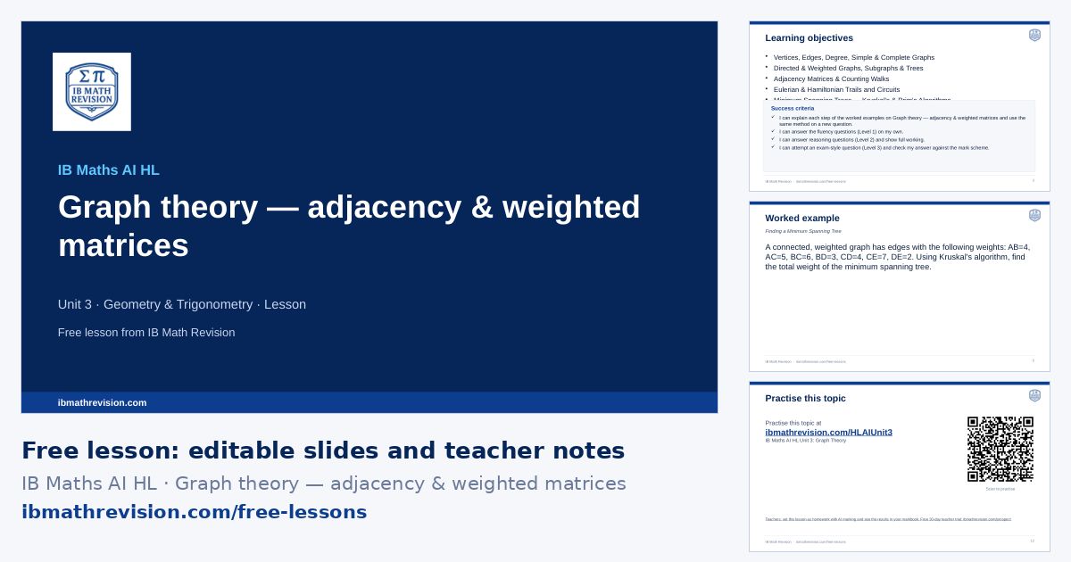 IB Maths AI HL lesson slides on Graph theory — adjacency & weighted matrices: title slide, learning objectives, a worked example and the exit ticket