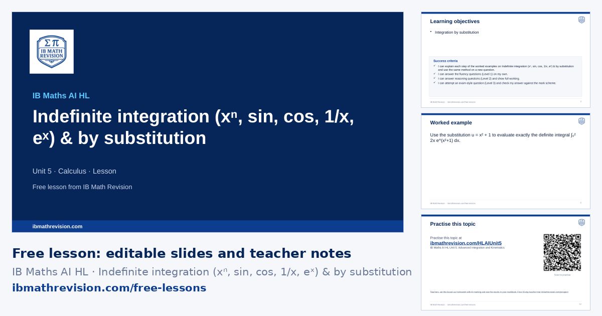 IB Maths AI HL lesson slides on Indefinite integration (xⁿ, sin, cos, 1/x, eˣ) & by substitution: title slide, learning objectives, a worked example and the exit ticket