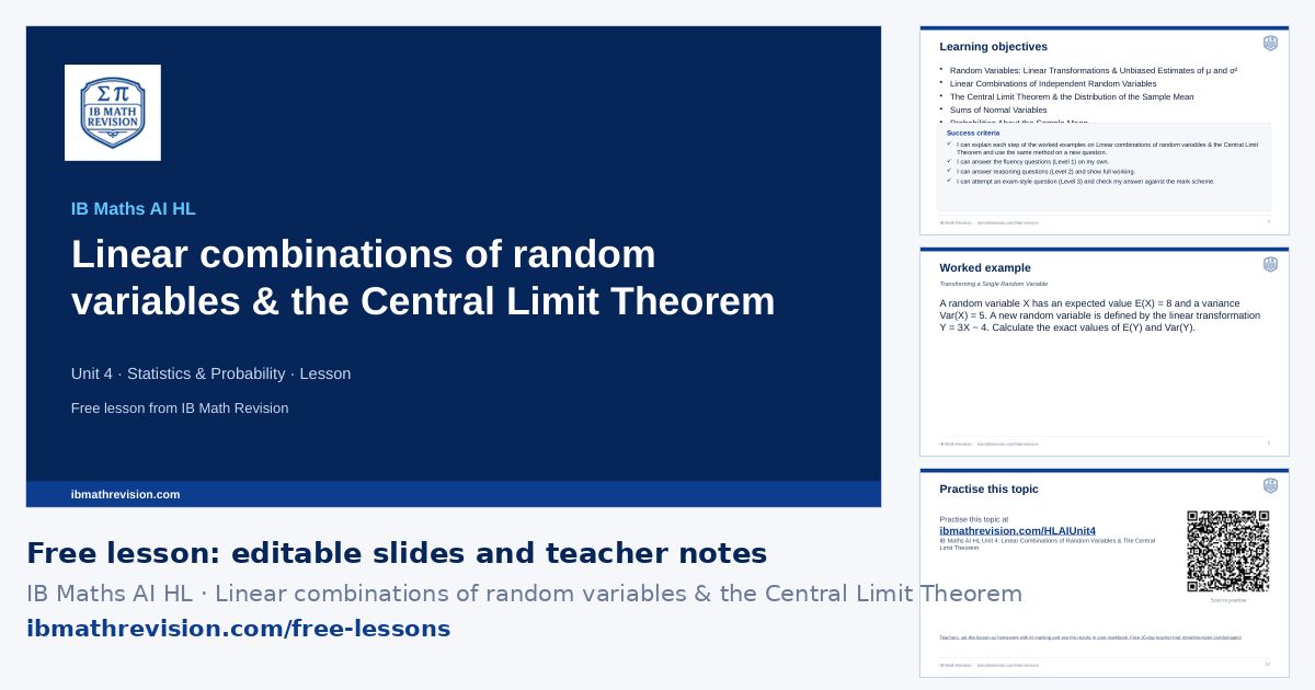 IB Maths AI HL lesson slides on Linear combinations of random variables & the Central Limit Theorem: title slide, learning objectives, a worked example and the exit ticket