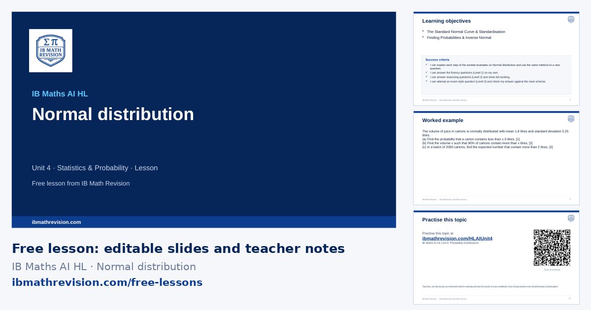IB Maths AI HL lesson slides on Normal distribution: title slide, learning objectives, a worked example and the exit ticket