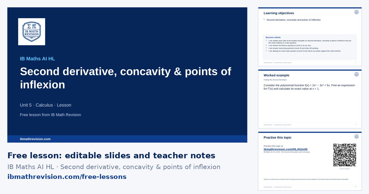 IB Maths AI HL lesson slides on Second derivative, concavity & points of inflexion: title slide, learning objectives, a worked example and the exit ticket