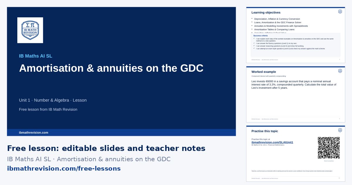 IB Maths AI SL lesson slides on Amortisation & annuities on the GDC: title slide, learning objectives, a worked example and the exit ticket