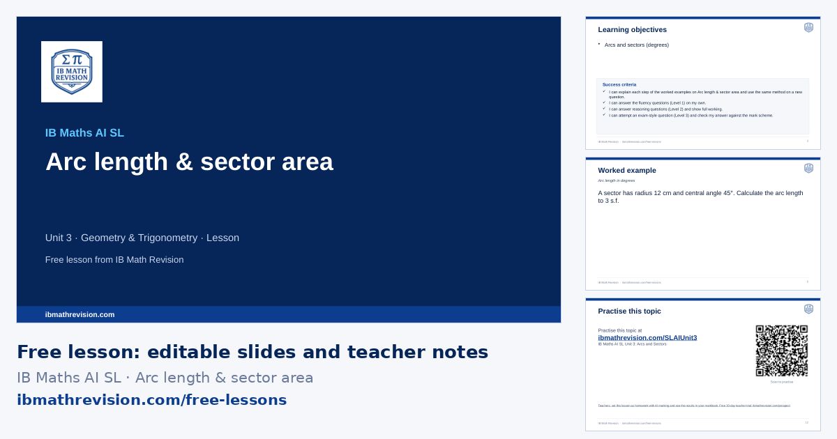 IB Maths AI SL lesson slides on Arc length & sector area: title slide, learning objectives, a worked example and the exit ticket