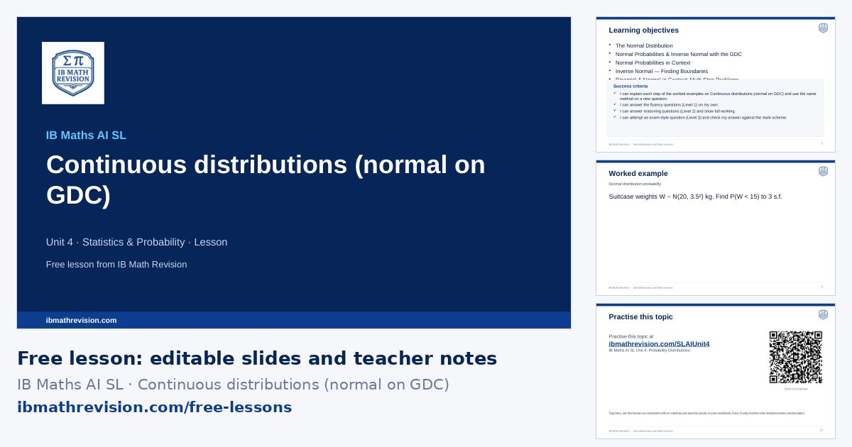 IB Maths AI SL lesson slides on Continuous distributions (normal on GDC): title slide, learning objectives, a worked example and the exit ticket