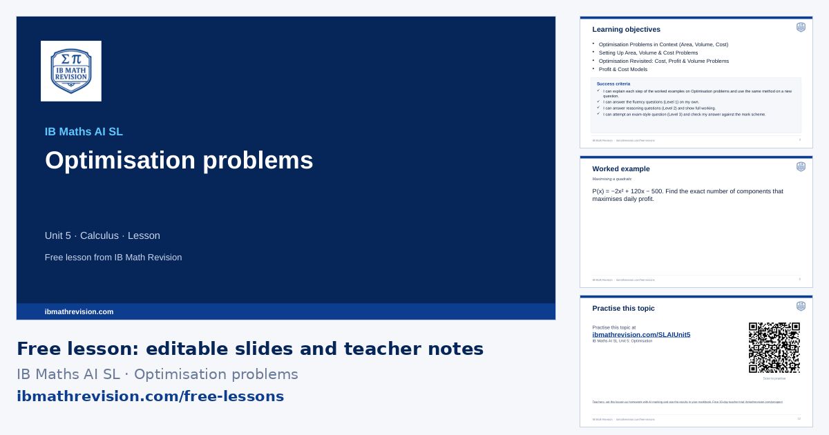 IB Maths AI SL lesson slides on Optimisation problems: title slide, learning objectives, a worked example and the exit ticket