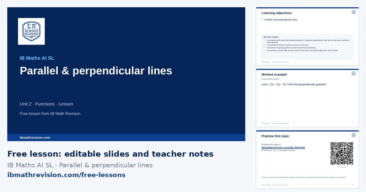 IB Maths AI SL lesson slides on Parallel & perpendicular lines: title slide, learning objectives, a worked example and the exit ticket