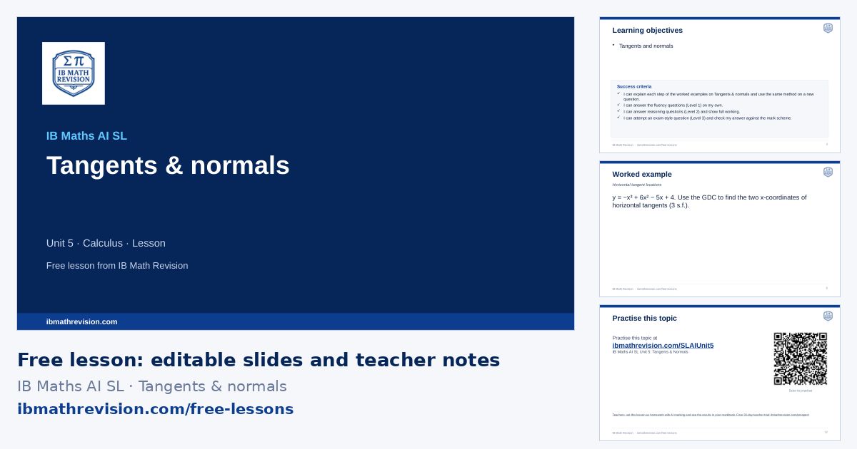 IB Maths AI SL lesson slides on Tangents & normals: title slide, learning objectives, a worked example and the exit ticket