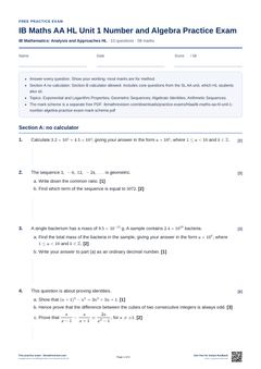 First page of the IB Maths AA HL Unit 1 Number and Algebra Practice Exam PDF