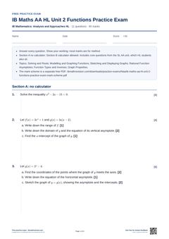First page of the IB Maths AA HL Unit 2 Functions Practice Exam PDF