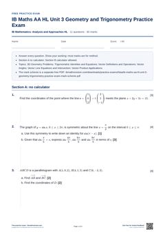 First page of the IB Maths AA HL Unit 3 Geometry and Trigonometry Practice Exam PDF