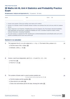 First page of the IB Maths AA HL Unit 4 Statistics and Probability Practice Exam PDF