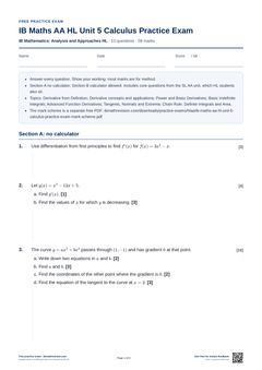 First page of the IB Maths AA HL Unit 5 Calculus Practice Exam PDF