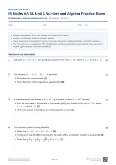 First page of the IB Maths AA SL Unit 1 Number and Algebra Practice Exam PDF