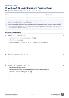First page of the IB Maths AA SL Unit 2 Functions Practice Exam PDF