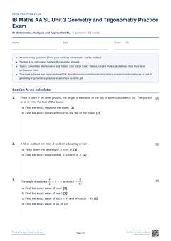 First page of the IB Maths AA SL Unit 3 Geometry and Trigonometry Practice Exam PDF