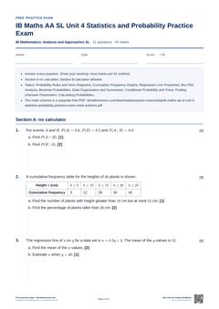 First page of the IB Maths AA SL Unit 4 Statistics and Probability Practice Exam PDF