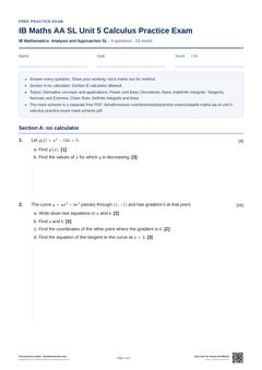 First page of the IB Maths AA SL Unit 5 Calculus Practice Exam PDF