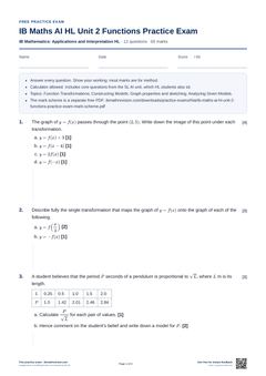 First page of the IB Maths AI HL Unit 2 Functions Practice Exam PDF