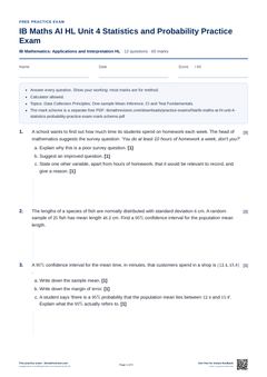 First page of the IB Maths AI HL Unit 4 Statistics and Probability Practice Exam PDF
