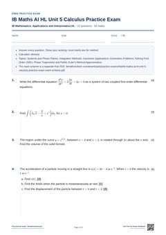 First page of the IB Maths AI HL Unit 5 Calculus Practice Exam PDF
