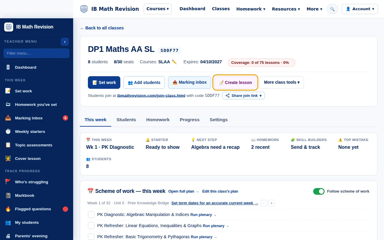 Class page for a demo IB Maths AA SL class with the Create lesson button ringed