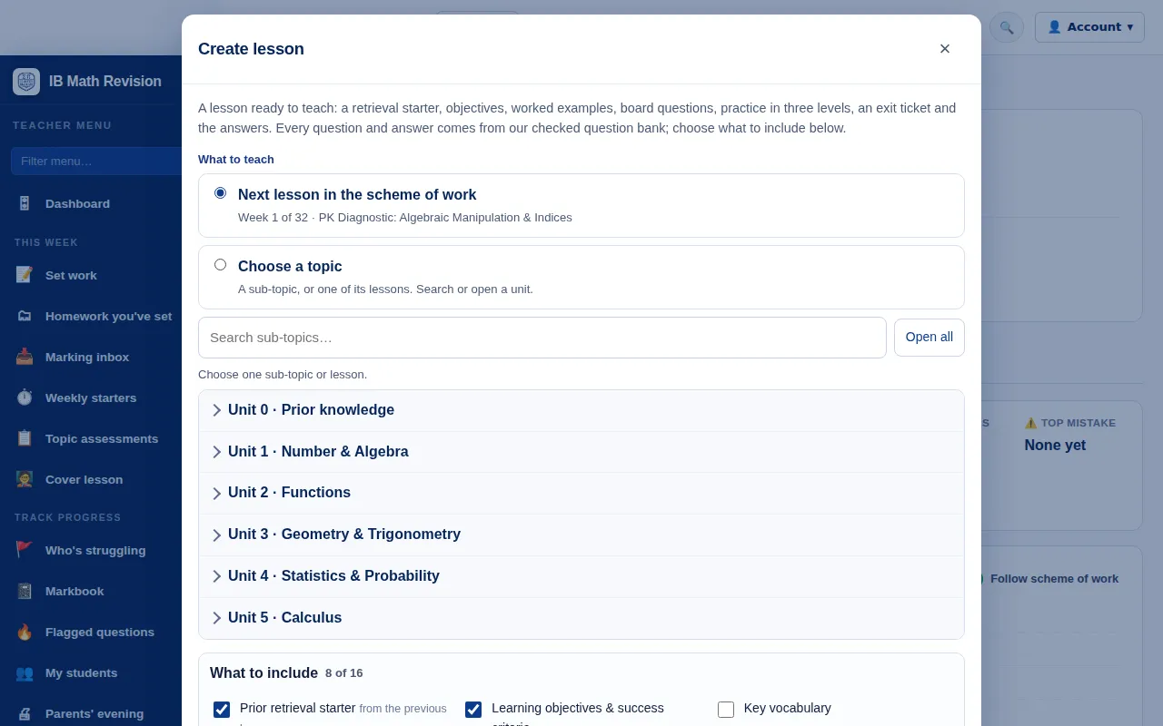 Create lesson window: next lesson in the scheme of work or choose a topic, with the units listed