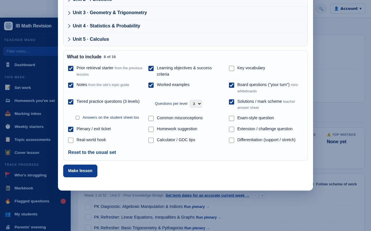 What to include checklist with retrieval starter, worked examples, tiered practice and exit ticket ticked