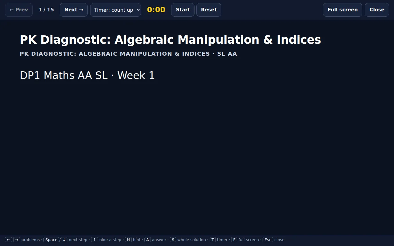 The lesson shown as full-screen slides with problem navigation and a timer