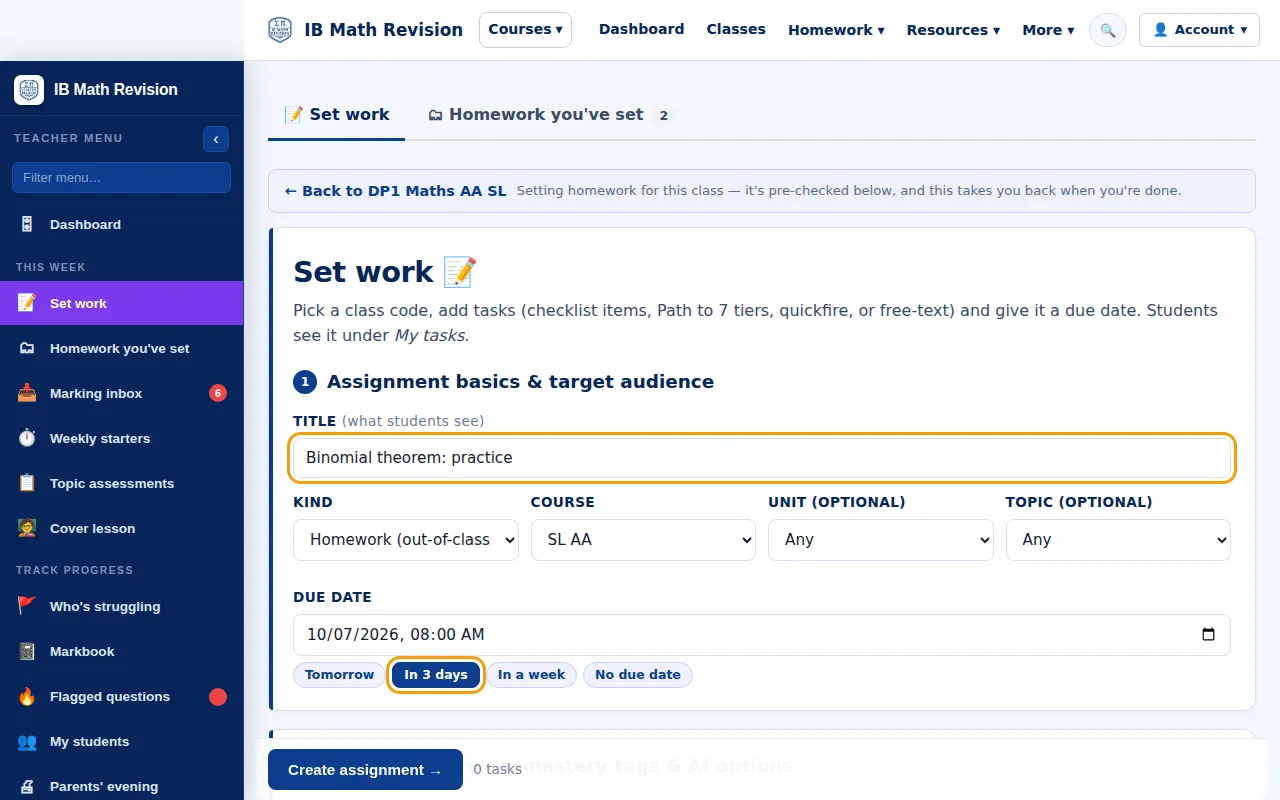 Set work form with the title and the In 3 days due date ringed