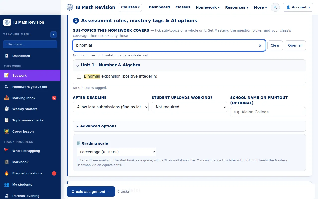 Sub-topic search for binomial in the Set work form, with the upload and grading options below