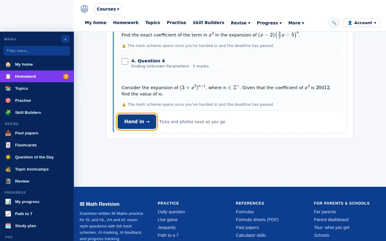 A demo student's My homework page with the tasks ticked and the Hand in button ringed