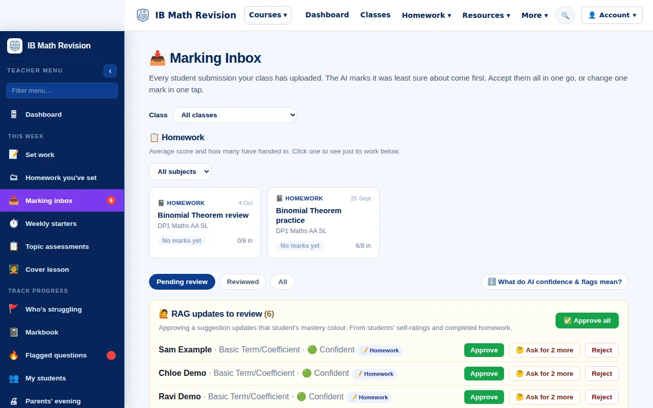Marking inbox with two demo homeworks and mastery updates to approve