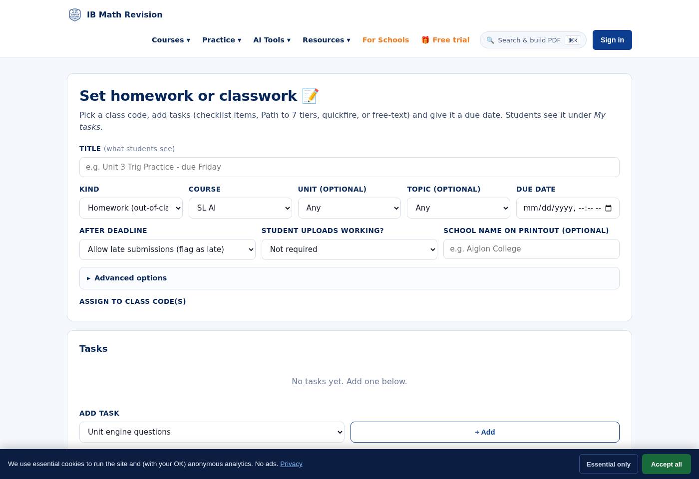 Homework setter form with Title, Kind (Homework/Classwork), Course, Unit, Topic, Due date, and Assign-to-class-code fields ready to fill.