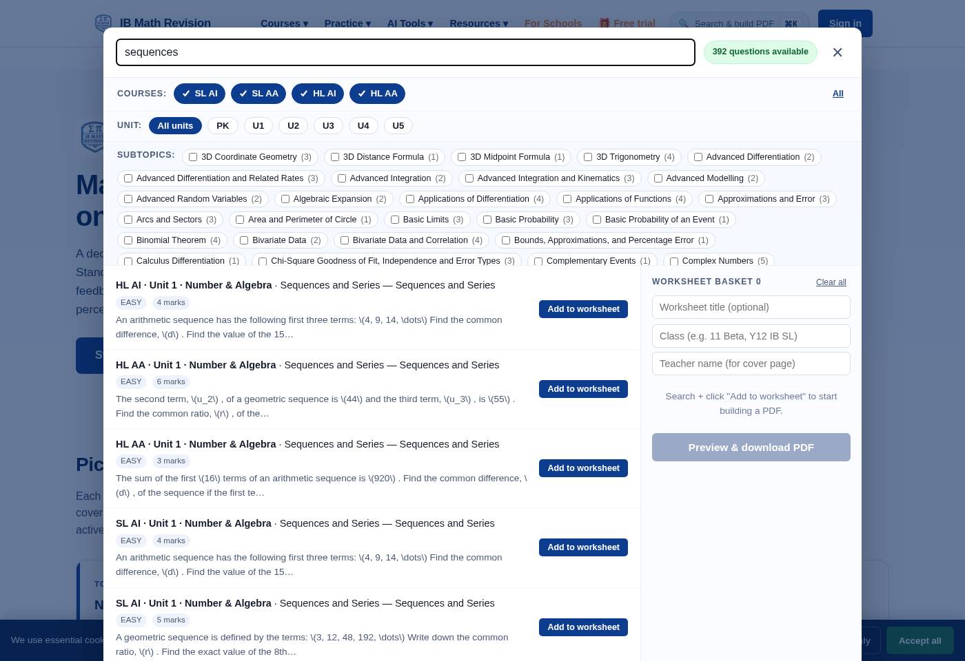 Worksheet builder modal showing course-scope tick row, Unit chip picker (All units / PK / U1-U5), scrollable Subtopics multi-select underneath, and 4 result cards ready to add to a basket.